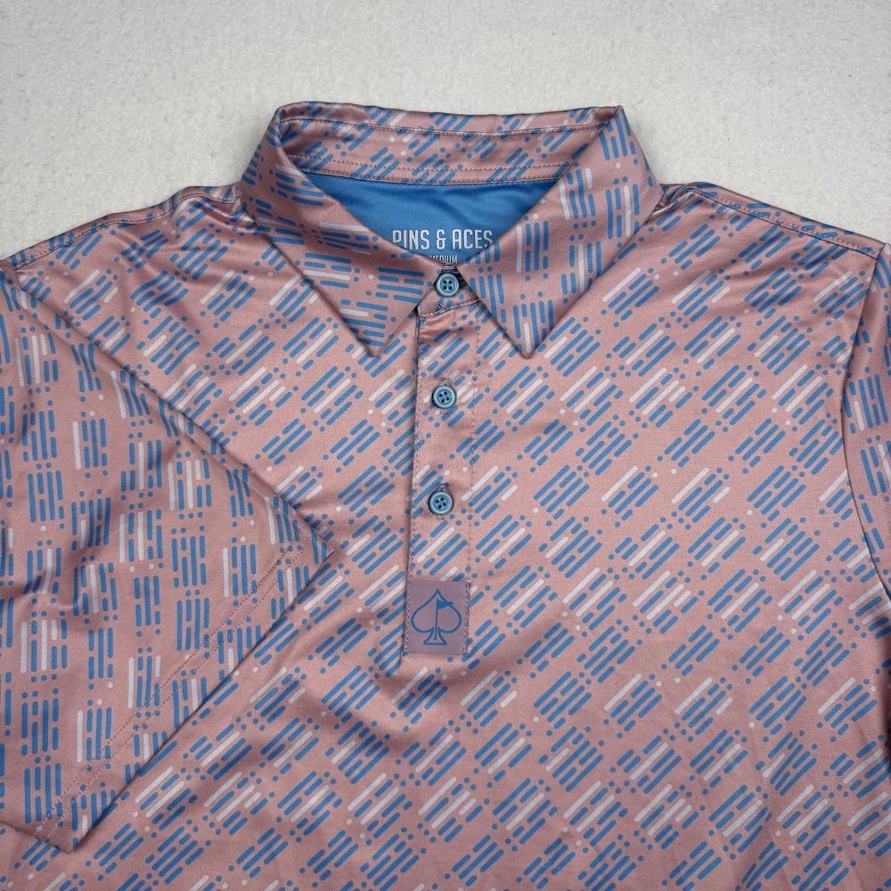 Pins & Aces Polo Shirt Mens Medium Pink Geometric Golf Performance Stretch Tech